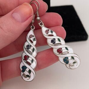 Vintage White CLOISONNÉ Floral Rose Spring Whimsical Abstract Dangle Earrings